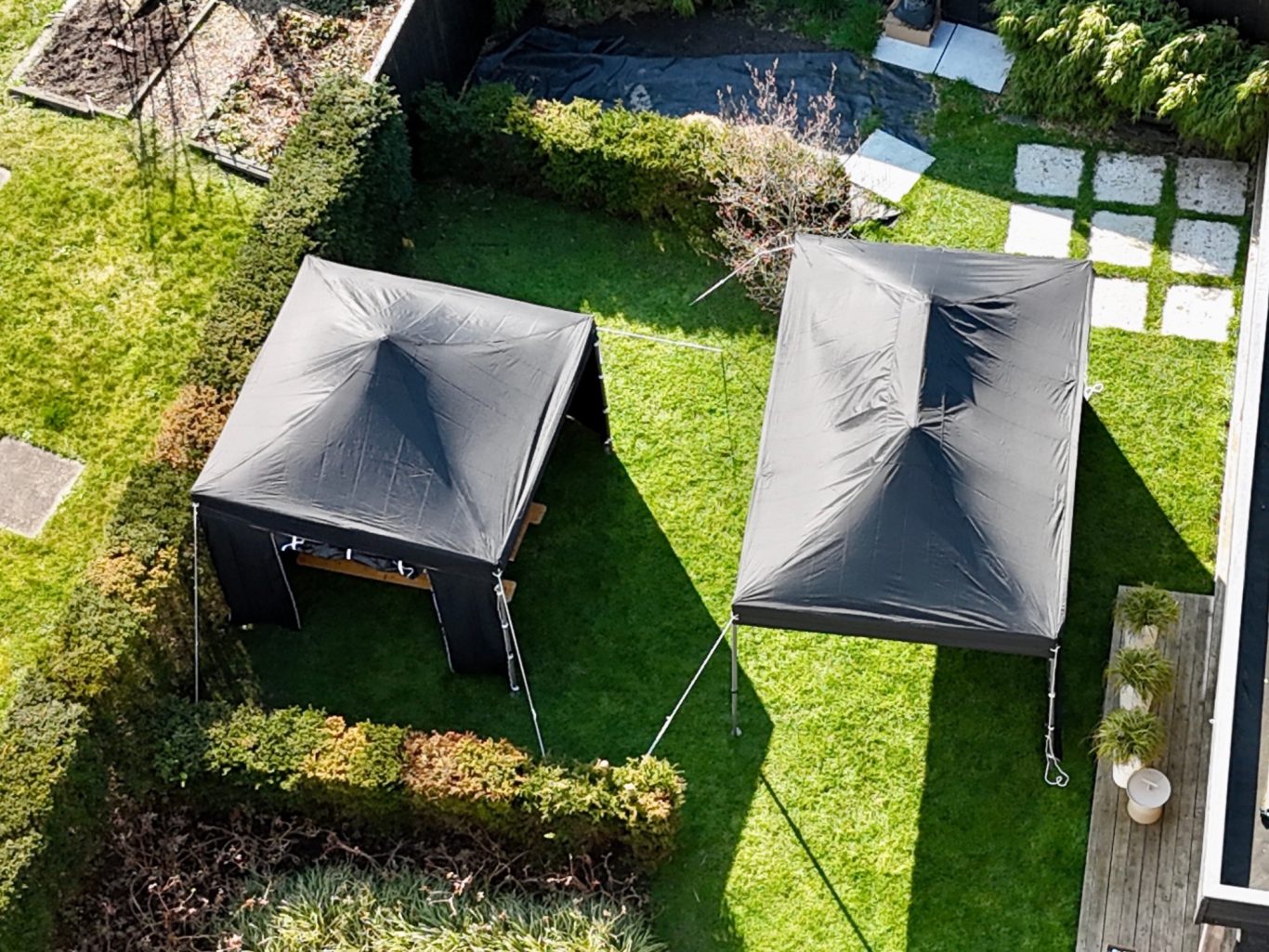 Grote en kleine partytenten huren in Zwolle overzicht meerdere partytenten opgesteld in tuin Zwolle feesttent huren